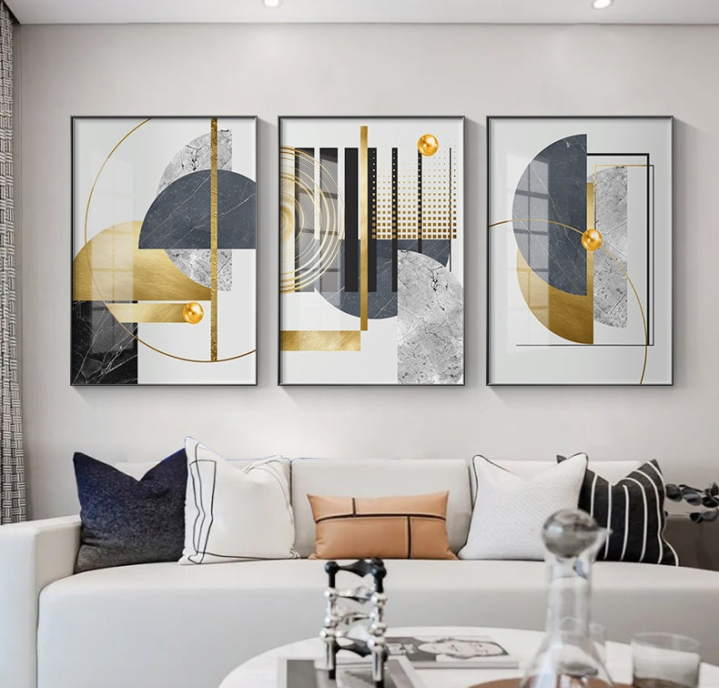 Modern Abstract Golden Geometric Wall Art Fine Art Canvas Prints Contemporary Nordic Style Pictures For Living Room Dining Room Home Office Decor