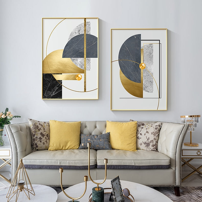 Modern Abstract Golden Geometric Wall Art Fine Art Canvas Prints Contemporary Nordic Style Pictures For Living Room Dining Room Home Office Decor