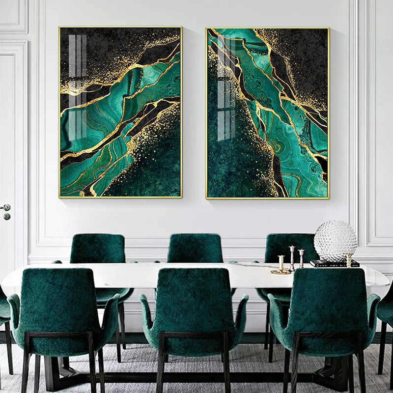 Modern Abstract Marble Print Wall Art Fine Art Canvas Prints Golden Green Agate Pictures For Luxury Living Room Dining Room Home Office Art Decor