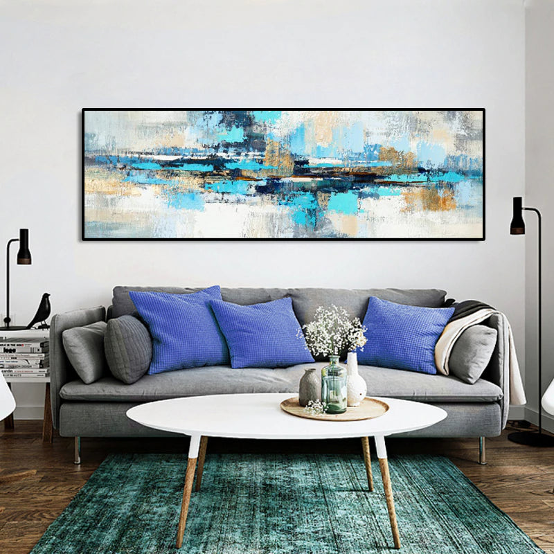 Modern Abstract Wide Format Wall Art Shades Of Blue Beige Gray Contemporary Pictures For Bedroom Above The Bed Or Above The Sofa Wall Decor