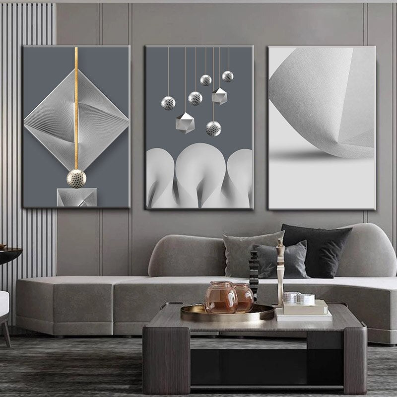 Modern Aesthetics Abstract Geometric Minimalist White Gray Wall Art Fine Art Canvas Prints For Loft Apartment Living Room Home Office Interior Decor