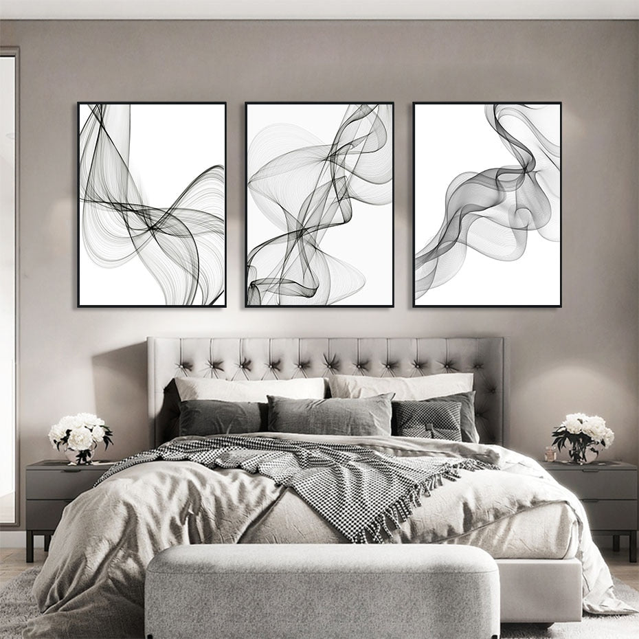 Modern Black And White Abstract Wall Art Fine Art Canvas Prints Minimalist Wavy Lines Pictures For Living Room Loft Apartment Home Office Interior Decor