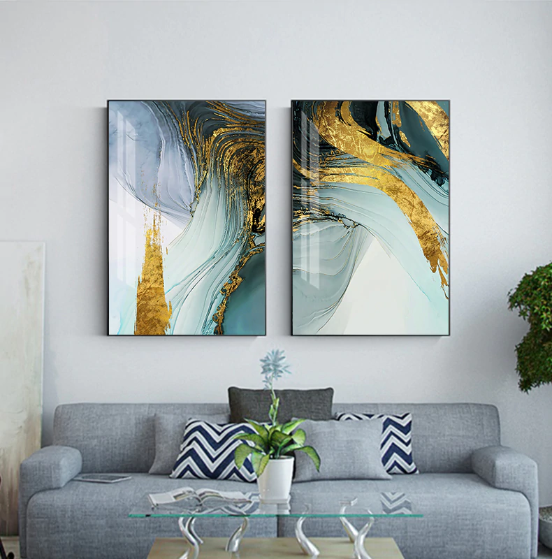 Modern Luxury Abstract Wall Art Golden Blue Jade Fine Art Canvas Prints Luxury Pictures For Office Living Room or Bedroom Decor