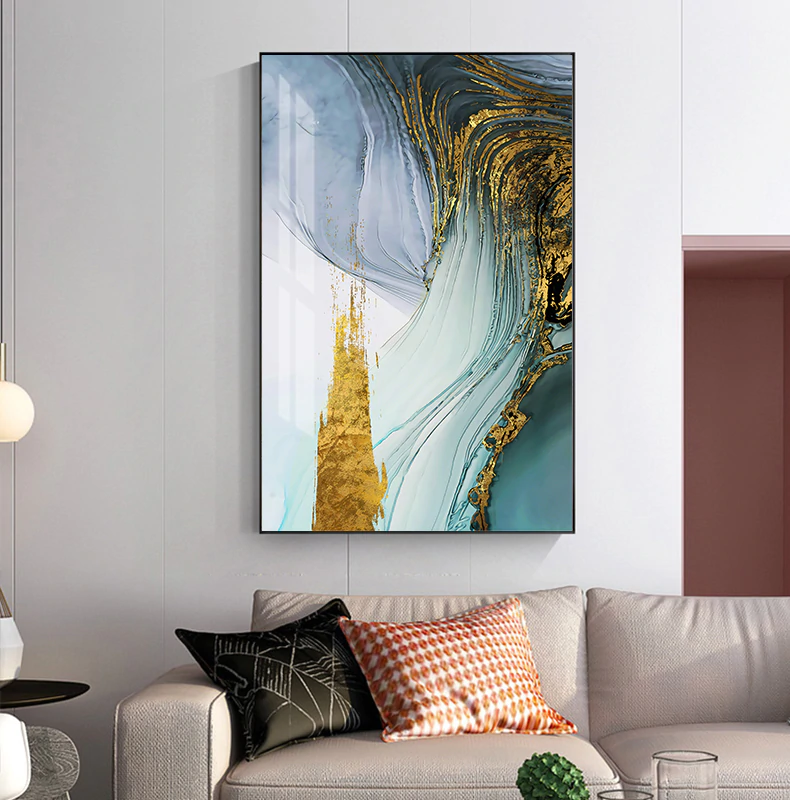Modern Luxury Abstract Wall Art Golden Blue Jade Fine Art Canvas Prints Luxury Pictures For Office Living Room or Bedroom Decor