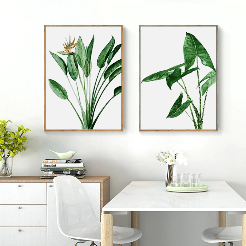 Modern Scandinavian Green Leaves Wall Art Tropical Botany Watercolor Fine Art Canvas Prints Minimalist Abstract Floral Nordic Pictures For Modern Home Decor