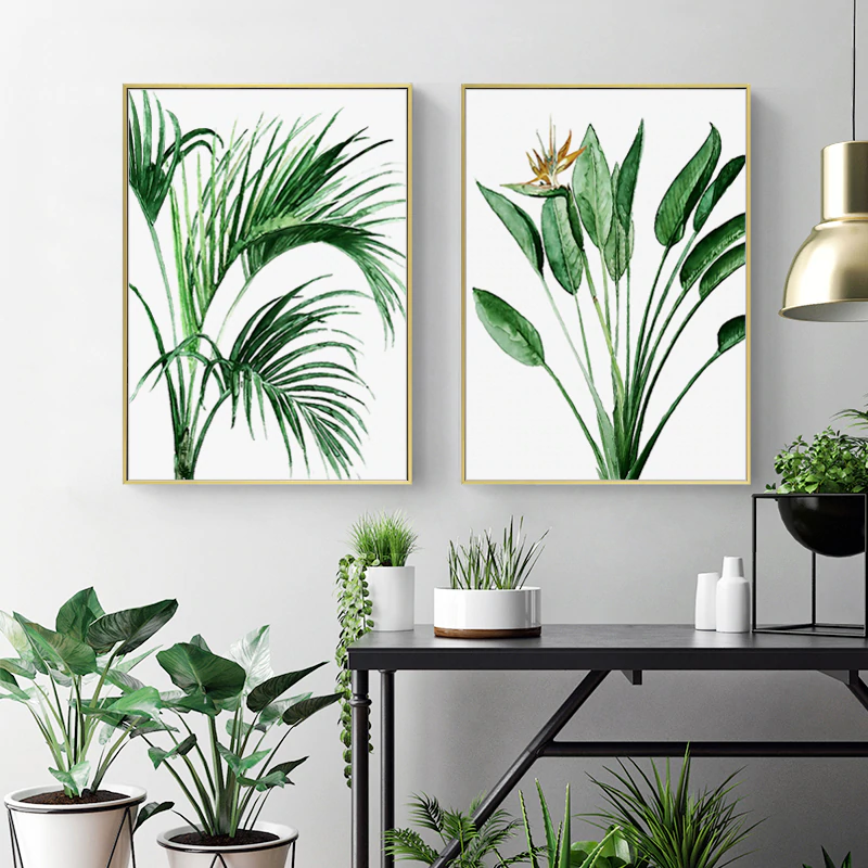 Modern Scandinavian Green Leaves Wall Art Tropical Botany Watercolor Fine Art Canvas Prints Minimalist Abstract Floral Nordic Pictures For Modern Home Decor