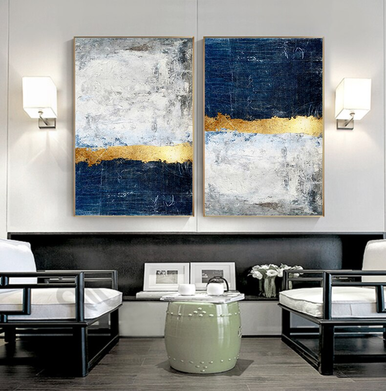 Modern Vintage Abstract Wall Art Golden Blue Gray Block Contemporary Fine Art Canvas Prints Luxury Home Office Wall Art Decor