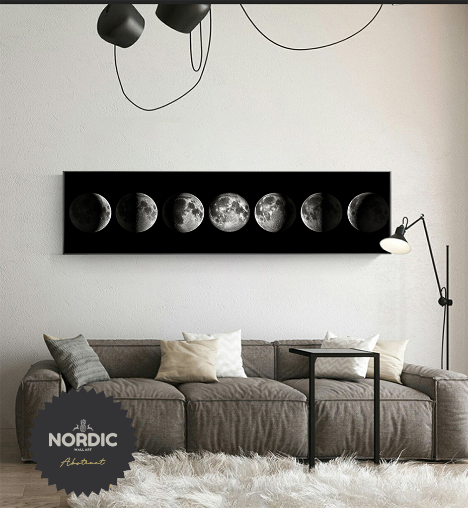 Moon Phases Wide Format Black White Wall Art Fine Art Canvas Prints Pictures For Bedroom Above The Bed Living Room Decor