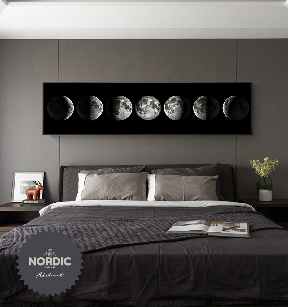 Moon Phases Wide Format Black White Wall Art Fine Art Canvas Prints Pictures For Bedroom Above The Bed Living Room Decor