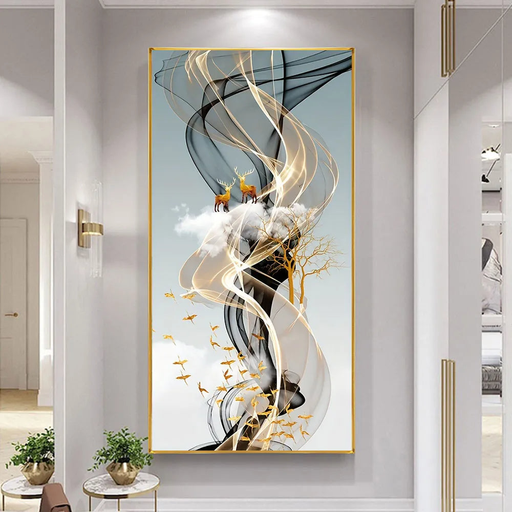 Mystical Golden Deer Flowing Landscape Wall Art Fine Art Canvas Prints Vertical Format Auspicious Nordic Pictures For Living Room Entrance Hall Decor