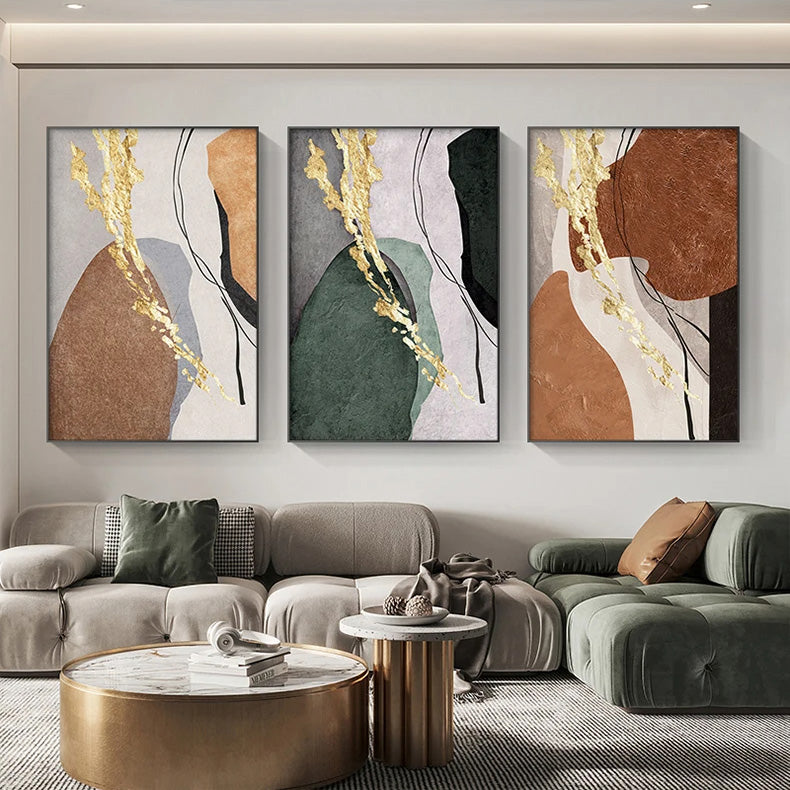 Neutral Colors Abstract Wall Art Fine Art Canvas Prints Golden Splashed Nordic Geomorphic Posters Pictures For Modern Home Office Interiors