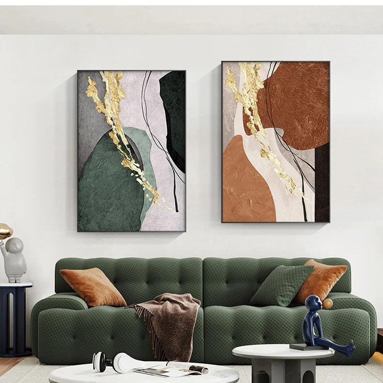 Neutral Colors Abstract Wall Art Fine Art Canvas Prints Golden Splashed Nordic Geomorphic Posters Pictures For Modern Home Office Interiors