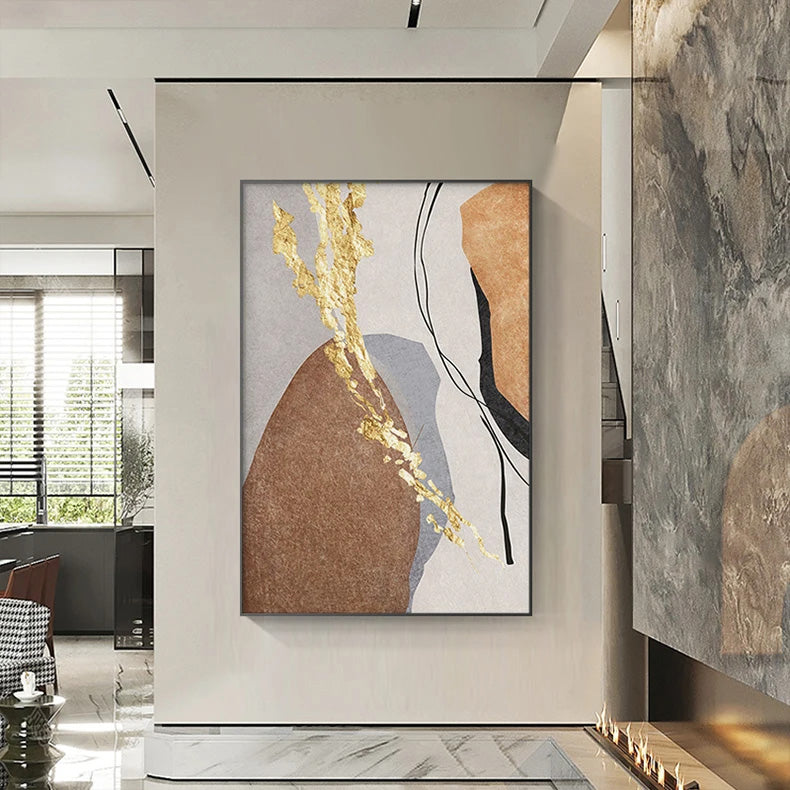 Neutral Colors Abstract Wall Art Fine Art Canvas Prints Golden Splashed Nordic Geomorphic Posters Pictures For Modern Home Office Interiors