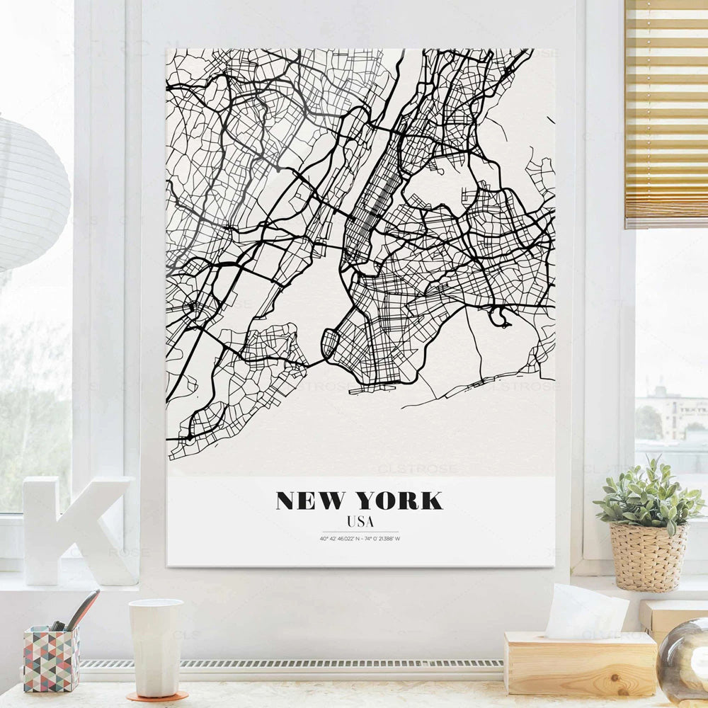 New York USA City Map Black White Travel Posters Wall Art Fine Art Canvas Prints Fashion Pictures For Living Room Bedroom Home Office Interior Art Decor