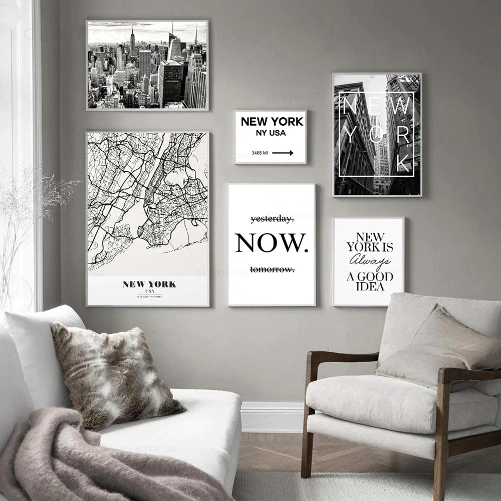 New York USA City Map Black White Travel Posters Wall Art Fine Art Canvas Prints Fashion Pictures For Living Room Bedroom Home Office Interior Art Decor