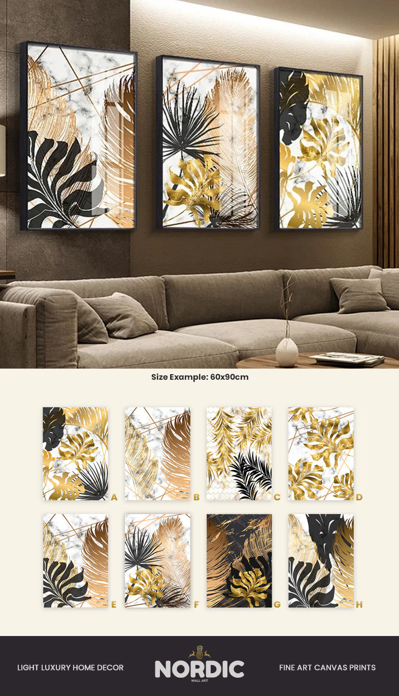 Nordic Tropical Gold Leaves Abstract Wall Art Posters Fine Art Canvas Prints Trendy Pictures For Modern Apartment Living Room Decor