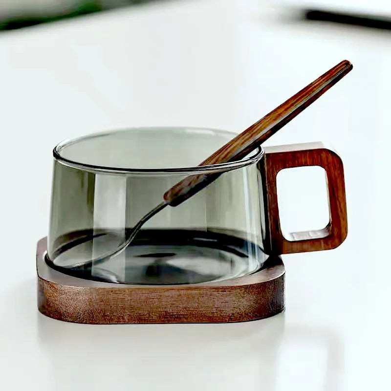 Nordic Glass Coffee Mug Tea Cup with Wooden Handle Set - Elegant Transparent Glass, Square Wooden Handle, Matching Spoon, and Optional Coaster