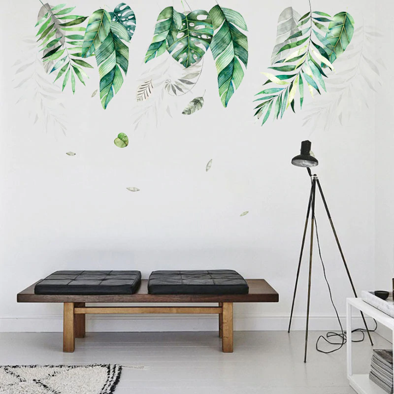 Nordic Tropical Green Leaves Wall Art Mural Removable PVC Wall Decals For Living Room Dining Room Children's Playroom DIY Wall Art Decoration