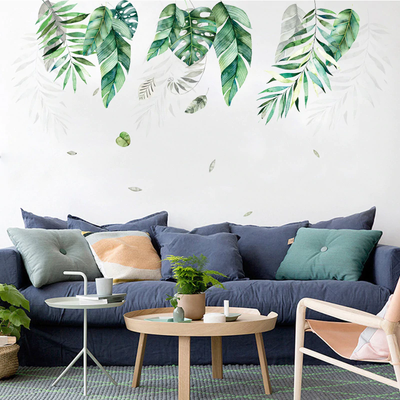Nordic Tropical Green Leaves Wall Art Mural Removable PVC Wall Decals For Living Room Dining Room Children's Playroom DIY Wall Art Decoration