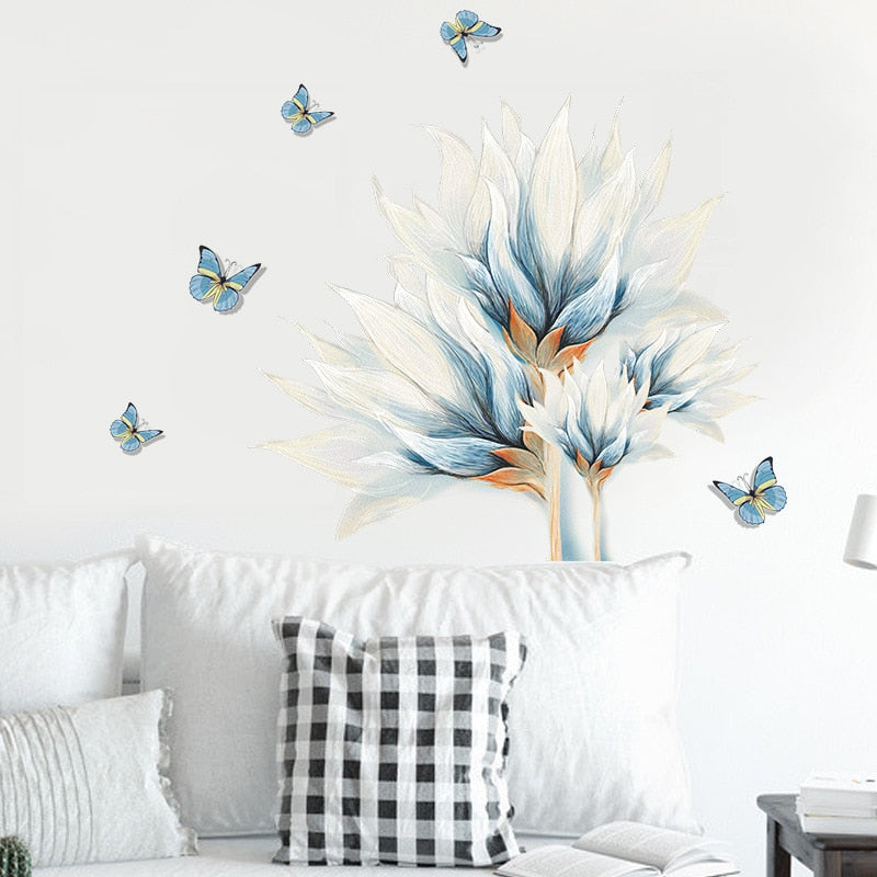 Pastel Blue Tropical Flower Butterflies Wall Mural Removable PVC ...