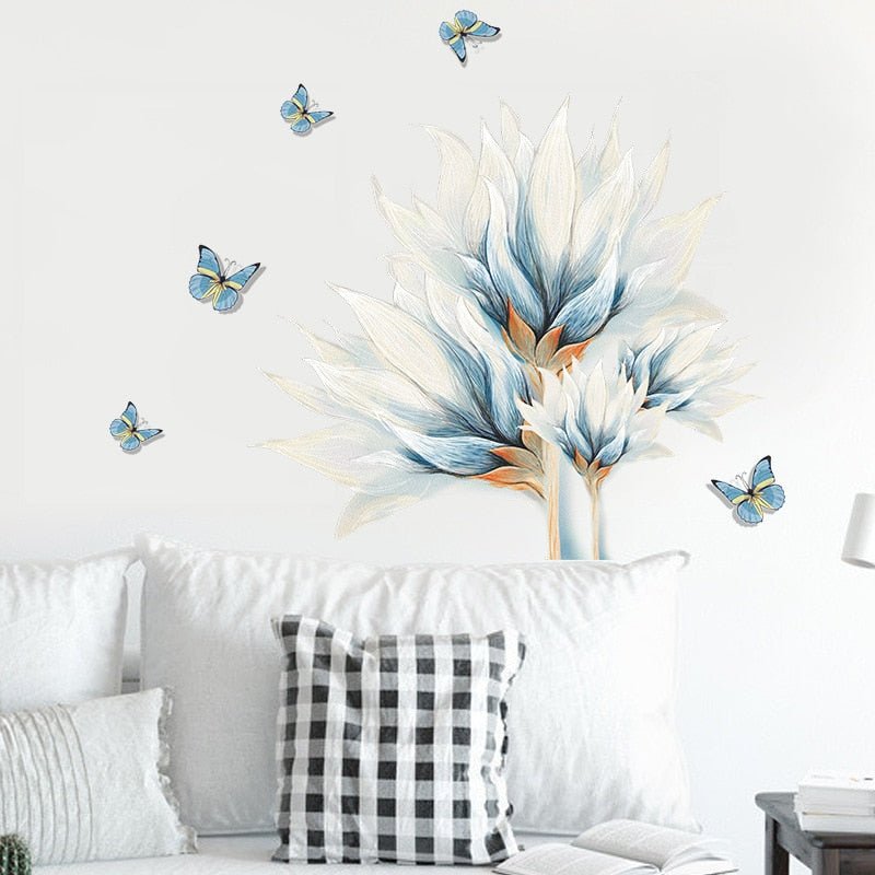 Pastel Blue Tropical Flower Butterflies Wall Mural Removable PVC Vinyl Wall Decal For Living Room Decoration Simple Creative DIY Home Makeover Wall Art Decor