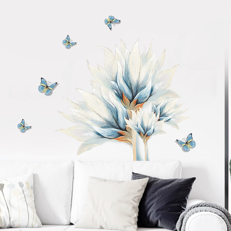 Pastel Blue Tropical Flower Butterflies Wall Mural Removable PVC Vinyl Wall Decal For Living Room Decoration Simple Creative DIY Home Makeover Wall Art Decor