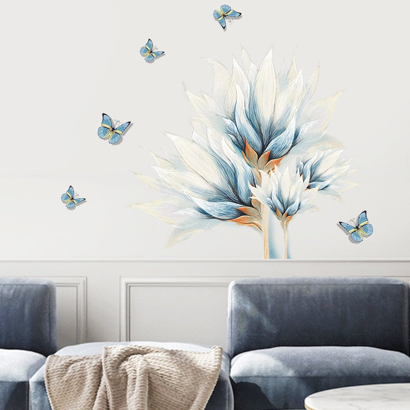 Pastel Blue Tropical Flower Butterflies Wall Mural Removable PVC Vinyl Wall Decal For Living Room Decoration Simple Creative DIY Home Makeover Wall Art Decor
