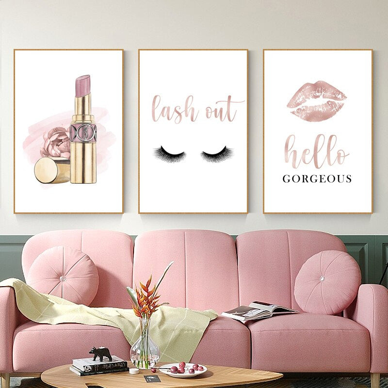 Pink Lipstick Handbag Fashion Wall Art Fine Art Canvas Prints Hello Gorgeous Quote Poster For Girl's Bedroom Living Room Boutique Salon Wall Decor