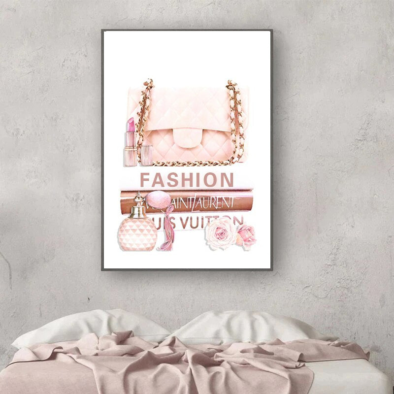 Pink Lipstick Handbag Fashion Wall Art Fine Art Canvas Prints Hello Gorgeous Quote Poster For Girl's Bedroom Living Room Boutique Salon Wall Decor