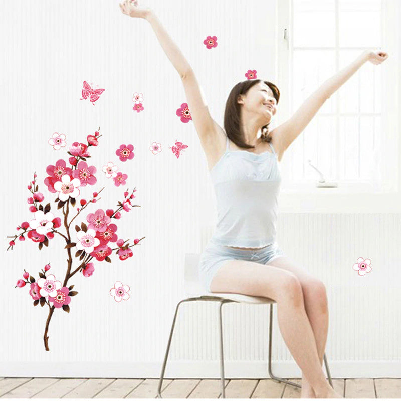 Pink Cherry Blossom Wall Mural Removable PVC Wall Decals Cherry Tree Branch Blossom Flowers Floral Wall Stickers For Bedroom Living Room Creative DIY Decor