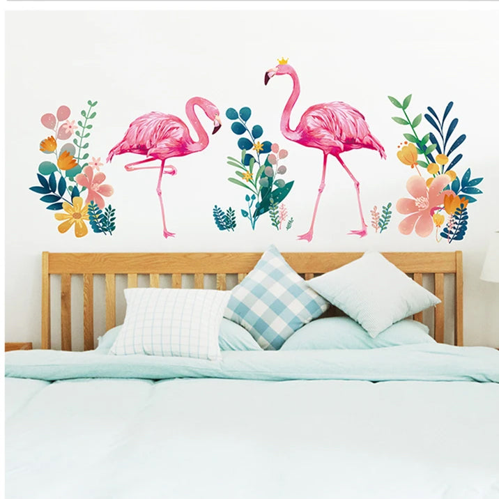Pink Flamingo Tropical Botany Wall Mural PVC Decals Nordic Style Creative DIY Removable Wall Sticks For Kids Bedroom Colorful Nursery Room Wall Decoration