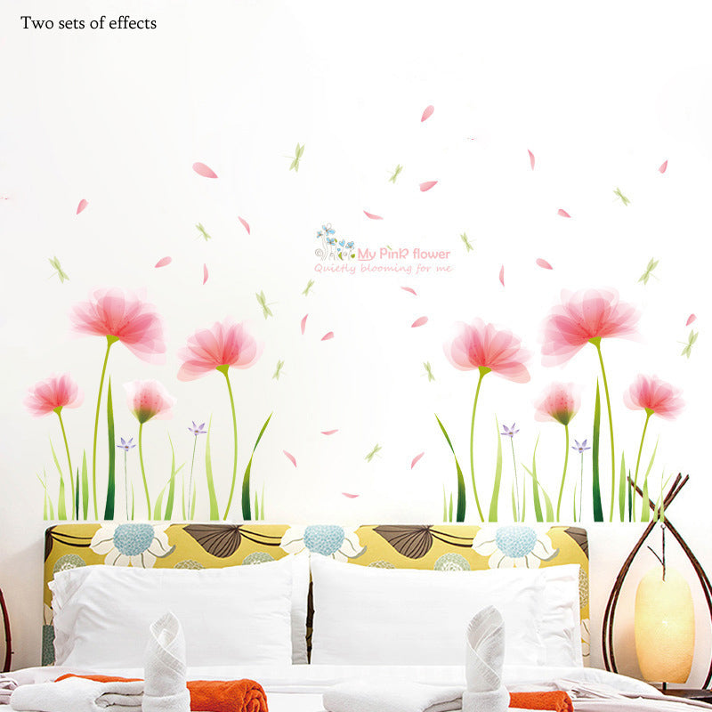 Pink Flower Garden Wall Mural Removable Peel-and-stick PVC Vinyl Wall Decal For Living Room Dining Room Simple Creative Wall Makeover DIY Wall Decor