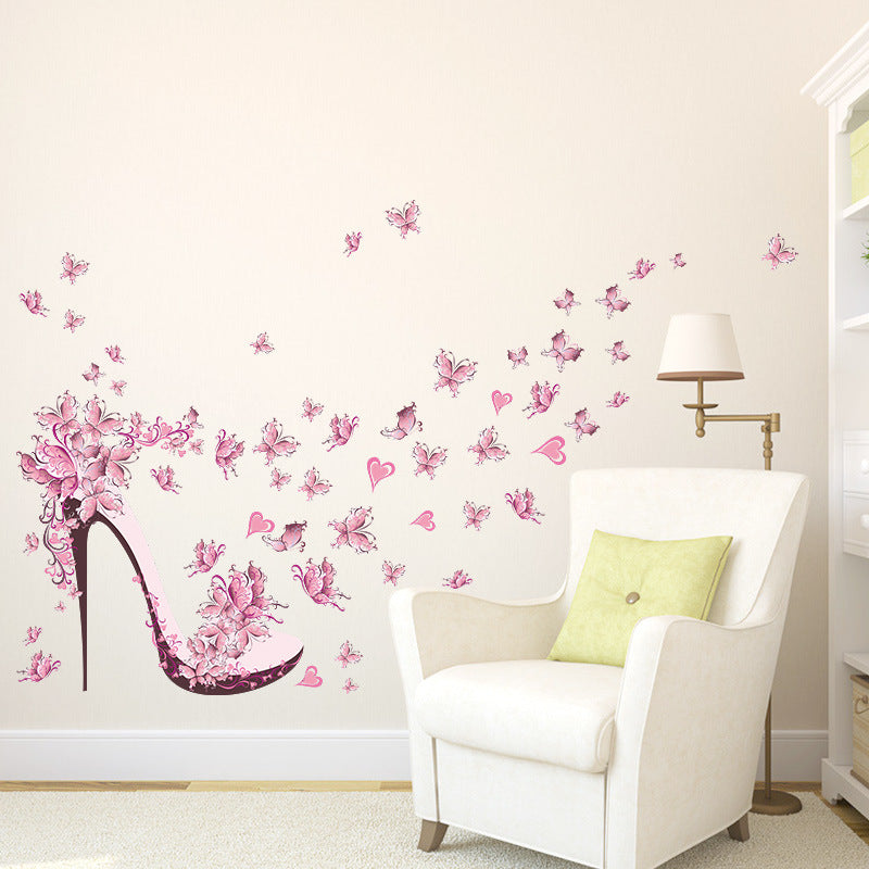 Pink Heels & Butterflies Pretty Wall Mural For Girls Room Decor Removable PVC Wall Decals For Living Room Bedroom Creative Fashion DIY Wall Art Decor