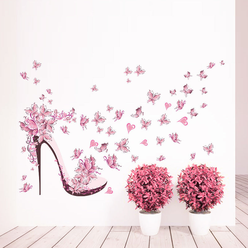 Pink Heels & Butterflies Pretty Wall Mural For Girls Room Decor Removable PVC Wall Decals For Living Room Bedroom Creative Fashion DIY Wall Art Decor