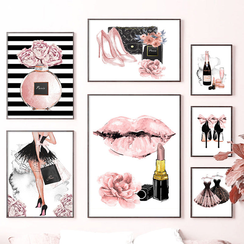 Pink Lipstick Paris Perfume Fashion Wall Art Fine Art Canvas Prints Gl –