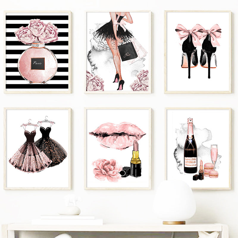 Pink Lipstick Paris Perfume Fashion Wall Art Fine Art Canvas Prints Glamour Makeup High Heels Party Posters Salon Pictures Girls Bedroom Wall Art Decor