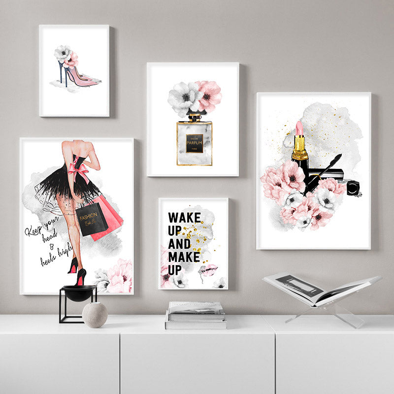 Pink Lipstick Paris Perfume Fashion Wall Art Fine Art Canvas Prints Glamour Makeup High Heels Party Posters Salon Pictures Girls Bedroom Wall Art Decor