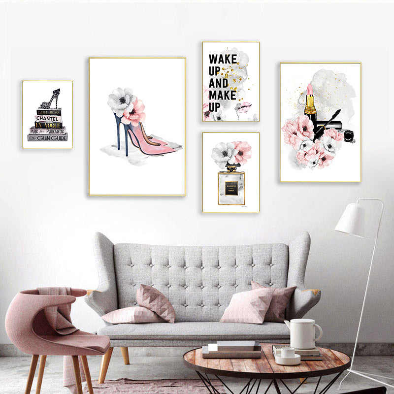 Pink Lipstick Paris Perfume Fashion Wall Art Fine Art Canvas Prints Glamour Makeup High Heels Party Posters Salon Pictures Girls Bedroom Wall Art Decor