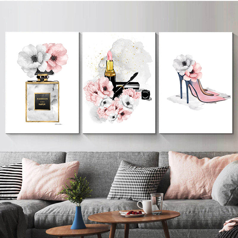 SUMGAR Pink Wall Art Girls Bedroom Wall Decor Fashion Perfume Flower  Butterfly Pictures Blush and Grey Framed Canvas Prints for Modern Living  Room