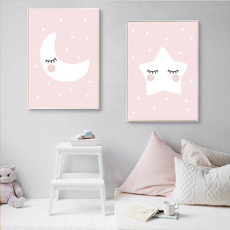 Pink Moon Star Cloud Nursery Wall Decor Fine Art Canvas Prints Cute Minimalist Nordic Style Posters For Kid's Bedroom Baby's Room Wall Art Decoration