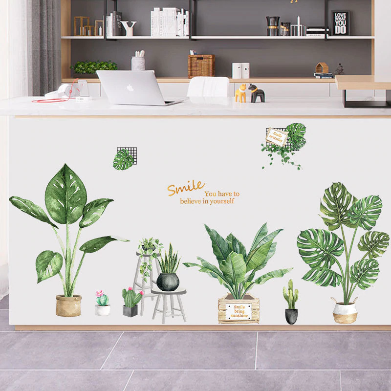 Potted Houseplants Wall Mural Removable PVC Creative DIY Wall Decals For Living Room Dining Room Nordic Style Greenery Wall Decorations