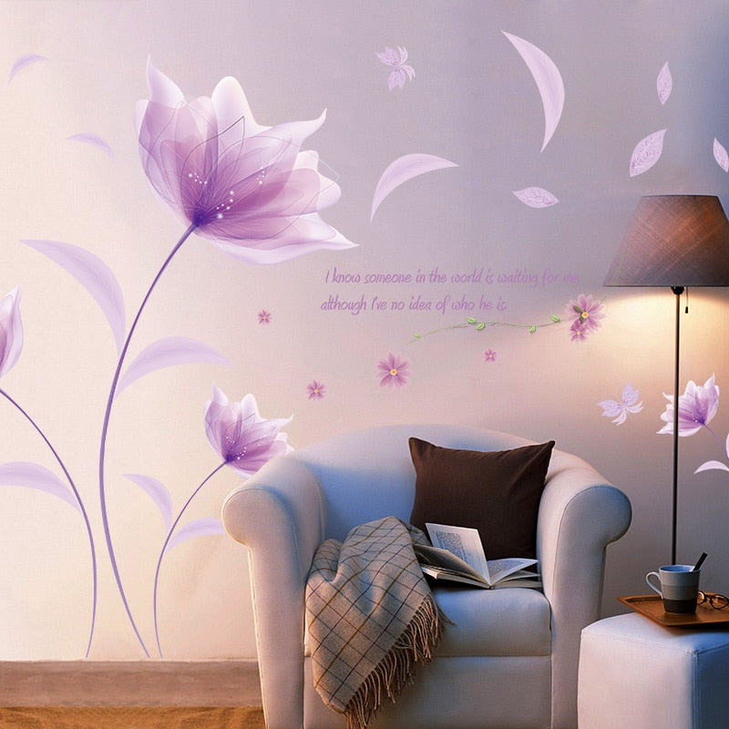 Pretty Purple Flowers Wall Art Decal Removable PVC Wall Mural For