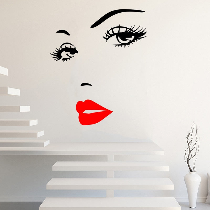 Red Lips And Eyelashes Fashion Wall Mural Removable PVC Vinyl Wall Decal For Girl's Bedroom Creative Simple Beauty Salon Wall Decoration DIY Home Decor