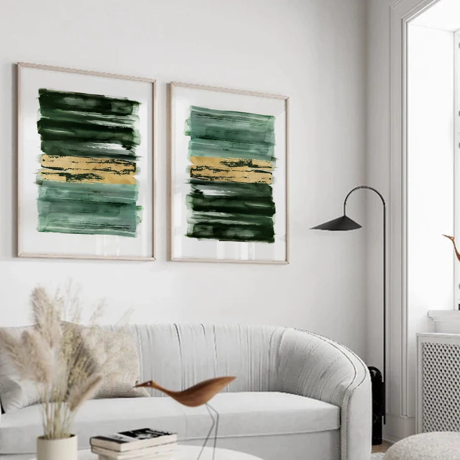 Modern Nordic Abstract Shades Of Green Golden Wall Art Fine Art Canvas Prints Pictures For Living Room Dining Room Bedroom Scandinavian Home Decor