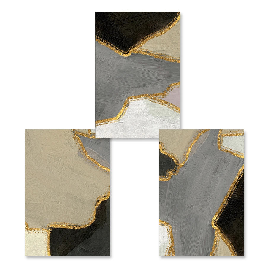 Abstract Block Color Wall Art Black Gray Beige Golden Fine Art Canvas Prints Pictures For Modern Apartment Living Room Contemporary Home Decor