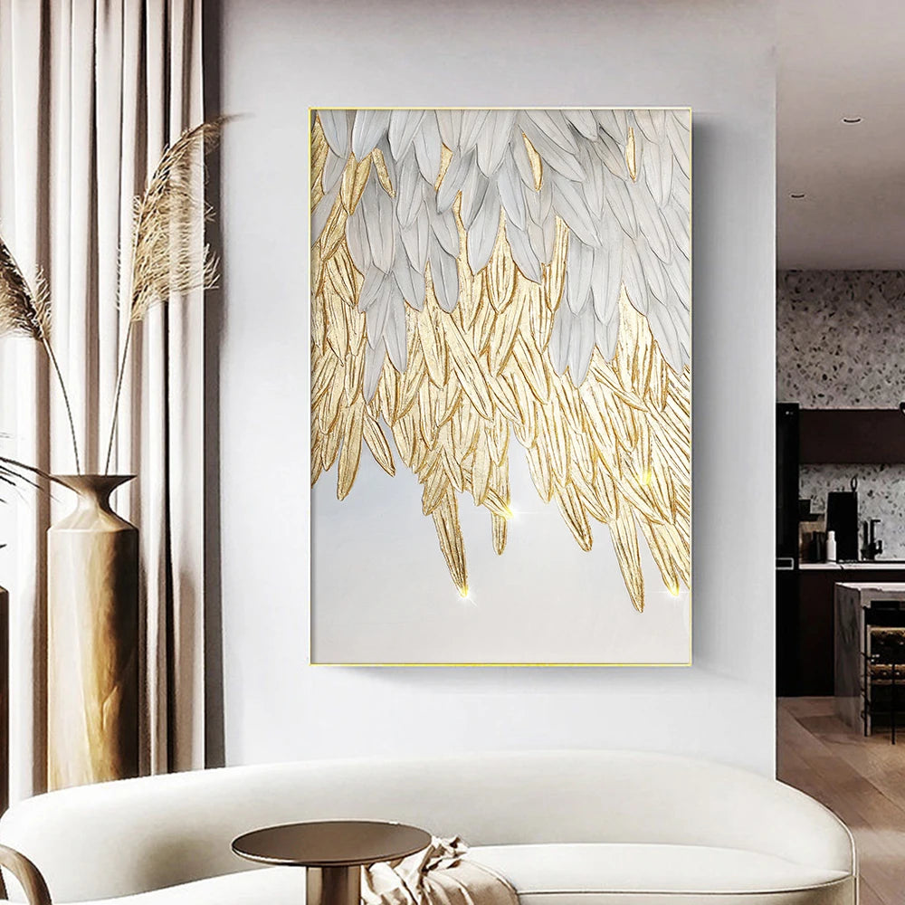 Modern Abstract Golden Feather Design Wall Art Fine Art Canvas Prints Picture For Luxury Living Room Bedroom Entranceway Foyer Art Decor