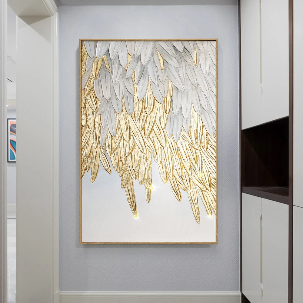 Modern Abstract Golden Feather Design Wall Art Fine Art Canvas Prints Picture For Luxury Living Room Bedroom Entranceway Foyer Art Decor