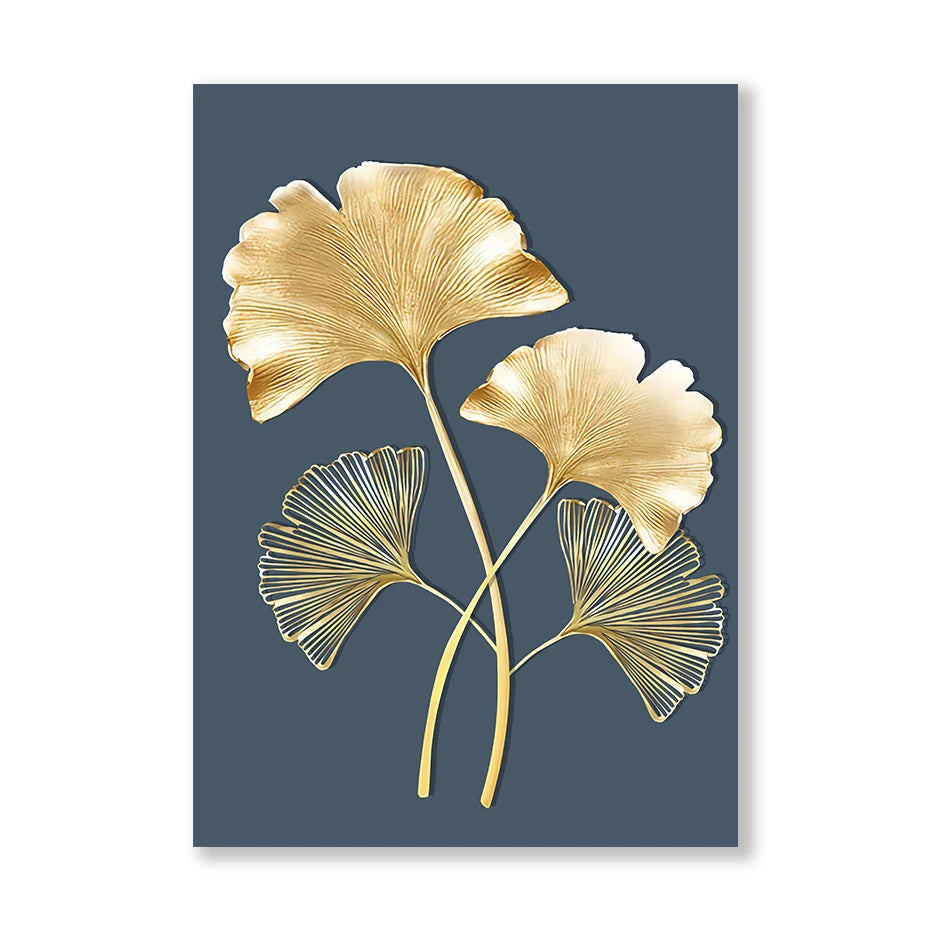 Blue Minimalist Golden Abstract Floral Wall Art Fine Art Canvas Prints Pictures For Luxury Living Room Dining Room Home Office Art Decor