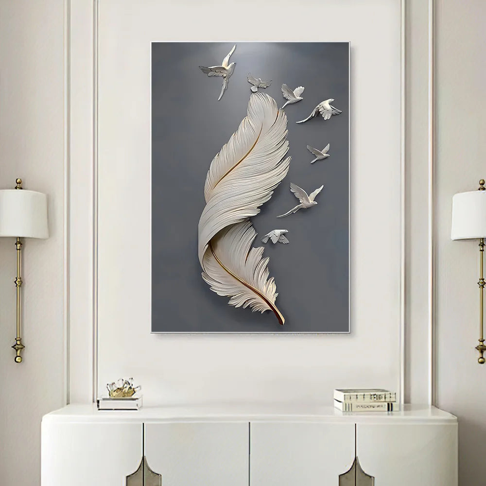 Seven Birds Feather Wall Art Fine Art Canvas Prints 3d Visualization Minimalist Abstract Pictures For Living Room Entranceway, Foyer Art Decor