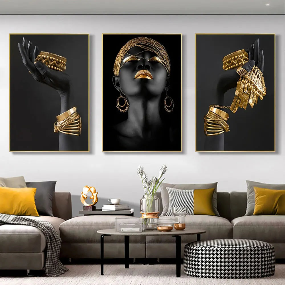 Modern Minimalist Black Golden Woman Portrait Wall Art Fine Art Canvas Prints Pictures For Luxury Living Room Dining Room Home Office Decor